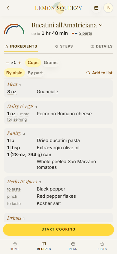The recipe page for Bucatini all’Amatriciana on a phone: the ring of its two parts above, and its ingredients grouped in blocks, each block an aisle with its name at the head.