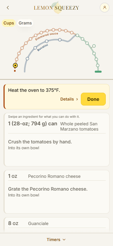 The cooking screen on a phone as a cook of Bucatini all’Amatriciana opens: the ring of the recipe’s lines above, the first step to do in yellow with its Done button, and the steps after it below.