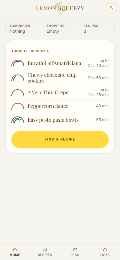 Home on a phone: tiles for tomorrow, the shopping and the recipes, and under them tonight’s card listing recipes to choose from, with the button Find a recipe.