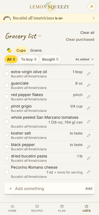 The grocery list on a phone after Bucatini all’Amatriciana was added to it: each line a tick box, its name, its amount and the recipe it came from, with a pencil at its end.