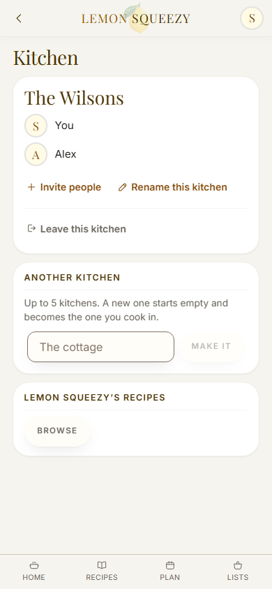The kitchen page in settings on a phone: The Wilsons, with two members, You and Alex, and the ways to invite people, rename the kitchen or leave it; under it, a card for making another kitchen.