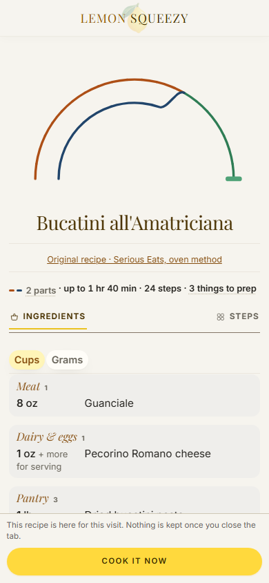 A shared recipe opened on a phone by someone with no account: the ring, the dish’s name, a link to the original recipe and its ingredients by aisle, with a line saying nothing is kept once the tab closes and the button Cook it now.